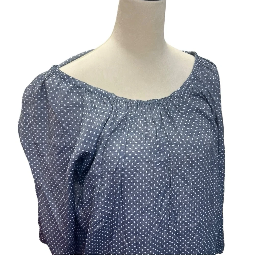 Plus Size Polka Dot Tunic Top 1X Blue White Peasant Blouse Boho - Picture 2 of 6